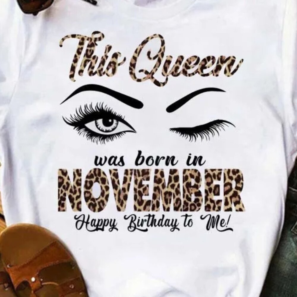 NOVEMBER Birthday Queen Leopard Letter Print Short Sleeve Women T-Shirt Size LRG